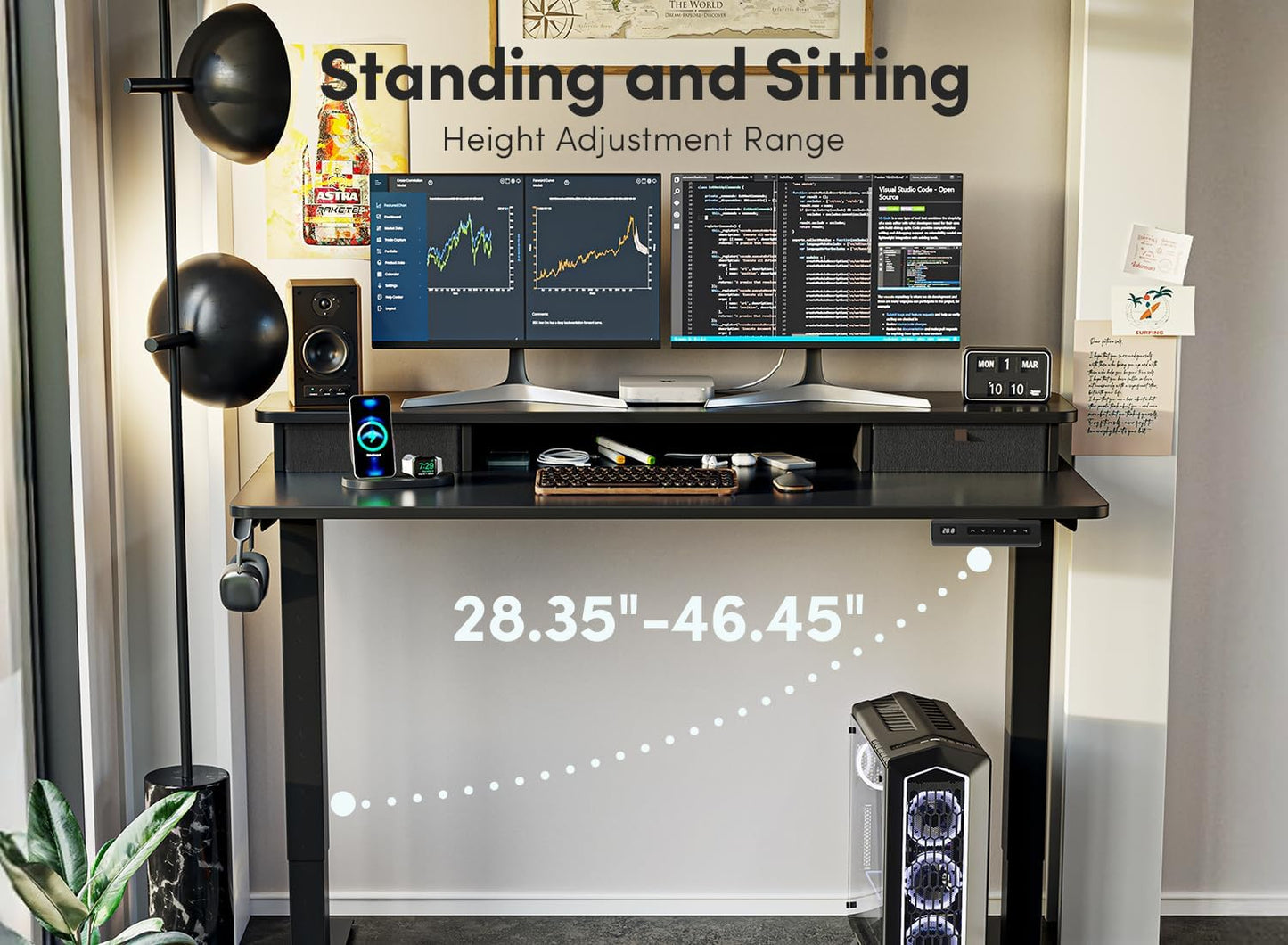 Height Adjustable Electric Standing Desk - 40" x 24" with Double Drawer, Home Office Computer Table, Black, featuring 4 Adjustable Feet & 2 Hooks