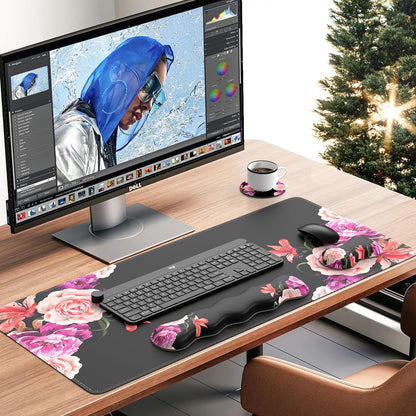 Mouse Pad Set, Peony Flower Desk Mat for Keyboard and Mouse | Mouse Pad and Keyboard Wrist Rest,Coaster, Desk Mat Set with Stitched Edge & Non-Slip Base, Desk Pad Mat for Work Gaming