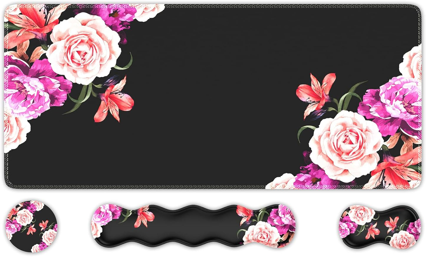 Mouse Pad Set, Peony Flower Desk Mat for Keyboard and Mouse | Mouse Pad and Keyboard Wrist Rest,Coaster, Desk Mat Set with Stitched Edge & Non-Slip Base, Desk Pad Mat for Work Gaming