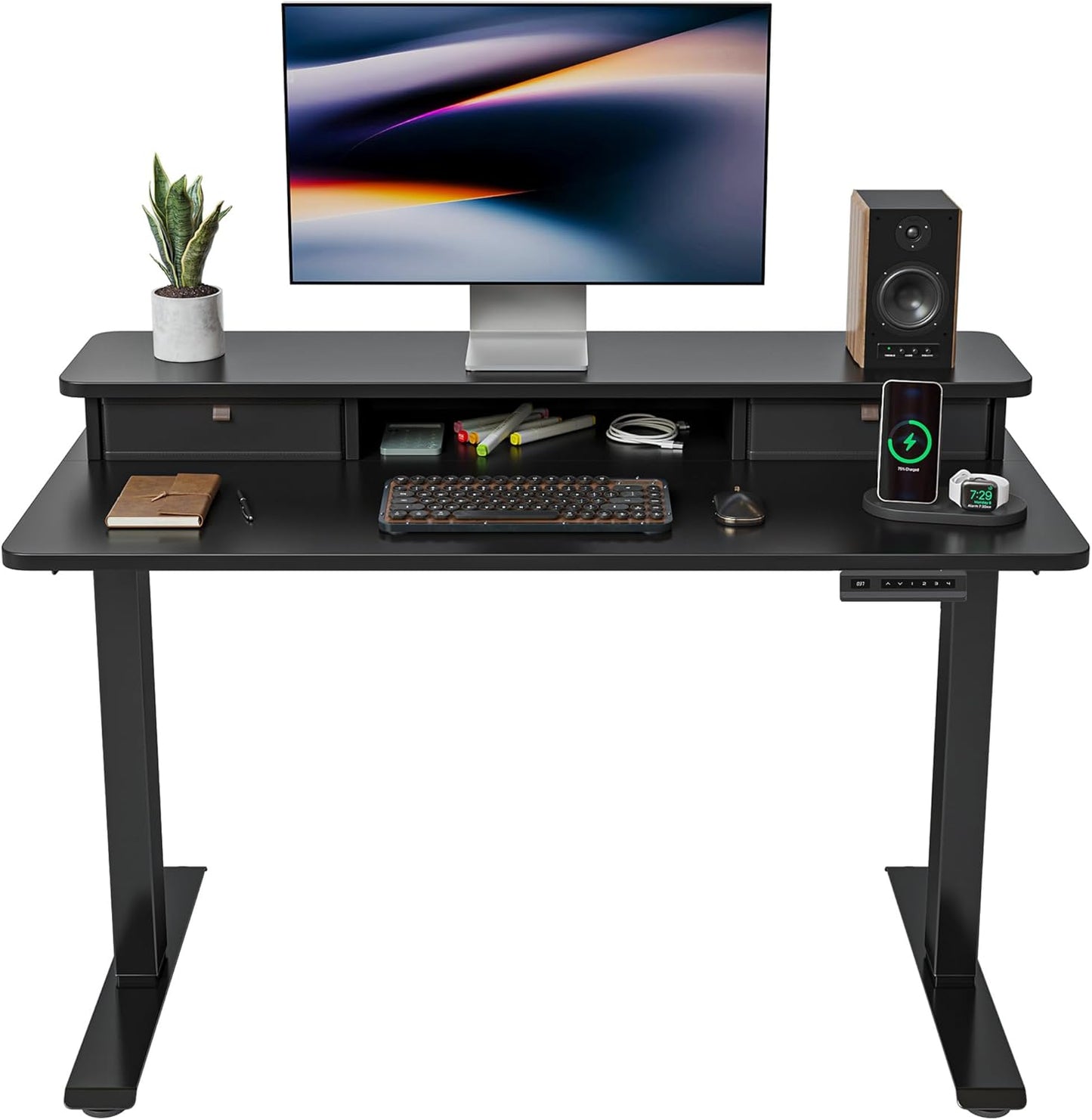 Height Adjustable Electric Standing Desk - 40" x 24" with Double Drawer, Home Office Computer Table, Black, featuring 4 Adjustable Feet & 2 Hooks