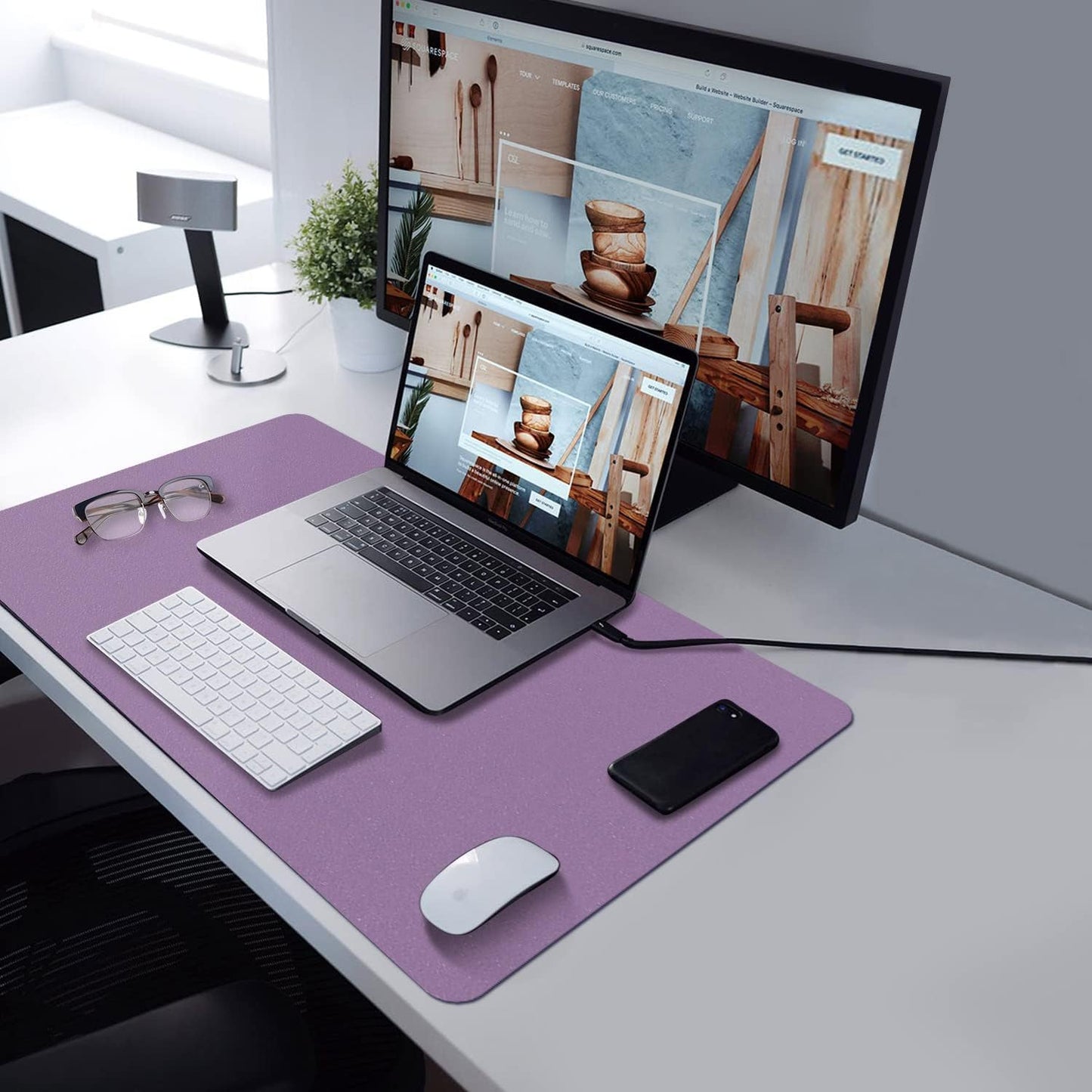 PU Leather Desk Pad with Suede Base, Multi-Color Non-Slip Mouse Pad, 24” x 14” Waterproof Writing Mat, Large Desk Blotter Protector in Violet