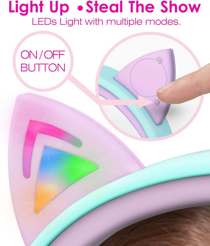Kids Headphones with LED Cat Ears (85Db Safe Volume Limit), 3.5Mm Soft On-Ear Wired Headphones with Tangle-Free Laced Cables for Ipad/Tablet/School/Travel - Teal/Light Purple |  Wired 0.3 Cm Kids Headphones with LED Cat Ears - Green