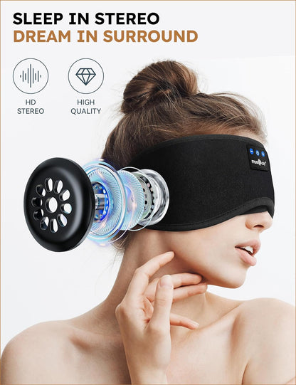 Sleep Headphones Bluetooth 5.4 Sleep Eye Mask with HD Speakers | Soft Cotton Fabric, Flat Design, 14 Hours Playtime, Washable Headband Style for Side Sleepers, Travel Meditation Relaxation
