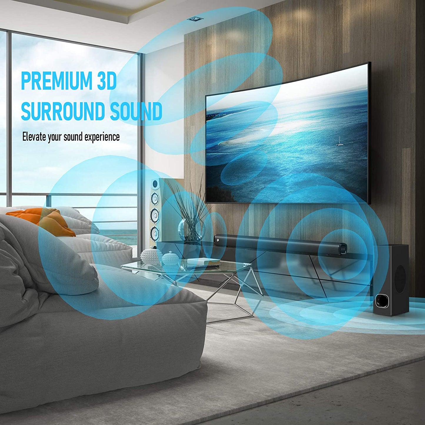 2.1 Channel Soundbar with Subwoofer and 3D Surround Sound, Compatible with 4K and HD TVs, HDMI (ARC), Optical, Aux, USB Drive, and Bluetooth 5.0 (Model: P28, 160W)