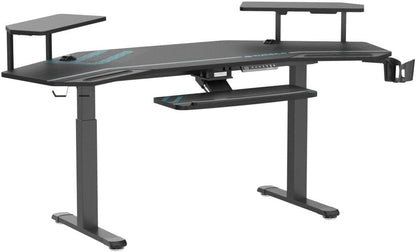 Gaming Standing Desk LED Shelves 72 Inch Black | Dual Motor Height Adjustment with Keyboard Tray, Wing-Shaped Desktop and Cable Management Slot for Studio Setups
