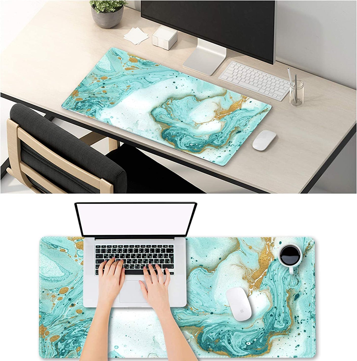 XXL Extended Gaming Mouse Pad - Large Non-Slip Rubber Base Keyboard Mat with Stitched Edges for Work and Gaming, 35.1 x 15.7 inches, Teal Turquoise Marble Design