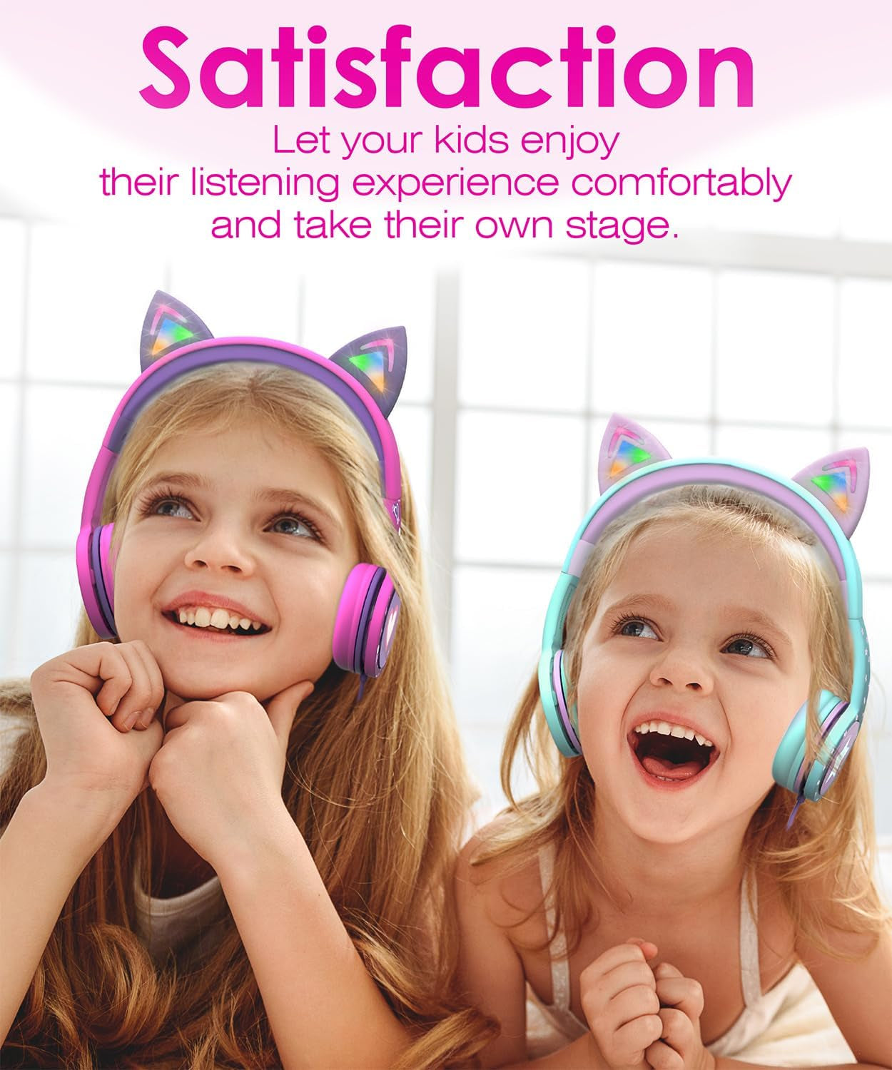 Kids Headphones with LED Cat Ears (85Db Safe Volume Limit), 3.5Mm Soft On-Ear Wired Headphones with Tangle-Free Laced Cables for Ipad/Tablet/School/Travel - Teal/Light Purple |  Wired 0.3 Cm Kids Headphones with LED Cat Ears - Green