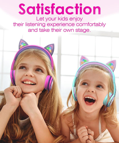 Kids Headphones with LED Cat Ears (85Db Safe Volume Limit), 3.5Mm Soft On-Ear Wired Headphones with Tangle-Free Laced Cables for Ipad/Tablet/School/Travel - Teal/Light Purple |  Wired 0.3 Cm Kids Headphones with LED Cat Ears - Green