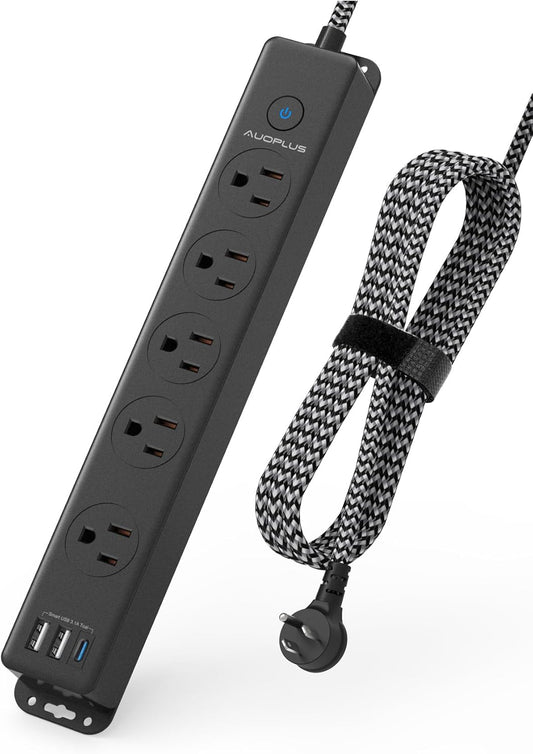 Surge Protector Power Strip with USB-C Ports, 5FT Braided Extension Cord, 5 Outlets and 3 USB Ports (1 USB-C), Mountable Flat Plug Design with Overload Protection for Home, Dormitory, and Office Use