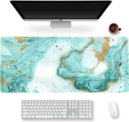 XXL Extended Gaming Mouse Pad - Large Non-Slip Rubber Base Keyboard Mat with Stitched Edges for Work and Gaming, 35.1 x 15.7 inches, Teal Turquoise Marble Design