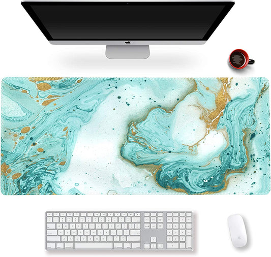 XXL Extended Gaming Mouse Pad - Large Non-Slip Rubber Base Keyboard Mat with Stitched Edges for Work and Gaming, 35.1 x 15.7 inches, Teal Turquoise Marble Design