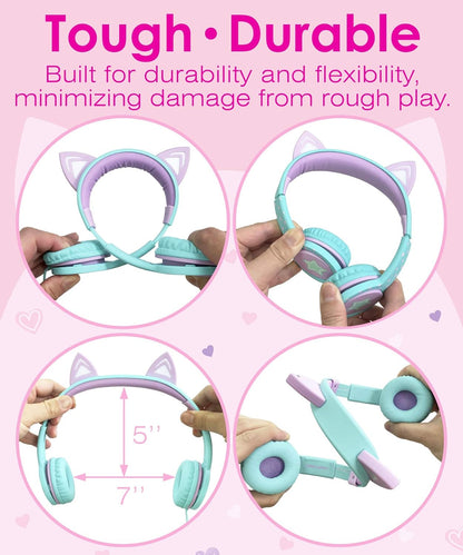 Kids Headphones with LED Cat Ears (85Db Safe Volume Limit), 3.5Mm Soft On-Ear Wired Headphones with Tangle-Free Laced Cables for Ipad/Tablet/School/Travel - Teal/Light Purple |  Wired 0.3 Cm Kids Headphones with LED Cat Ears - Green