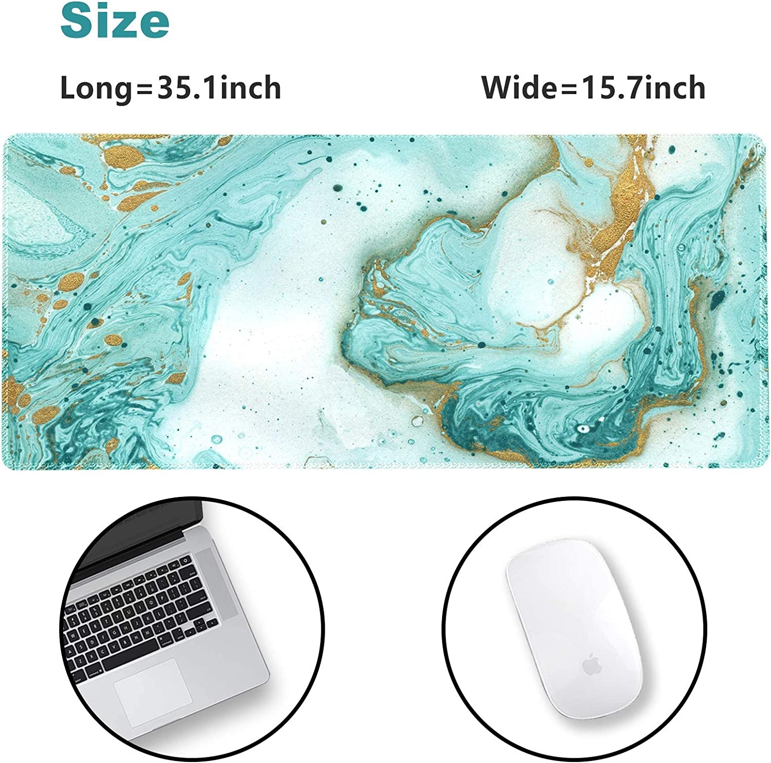 XXL Extended Gaming Mouse Pad - Large Non-Slip Rubber Base Keyboard Mat with Stitched Edges for Work and Gaming, 35.1 x 15.7 inches, Teal Turquoise Marble Design