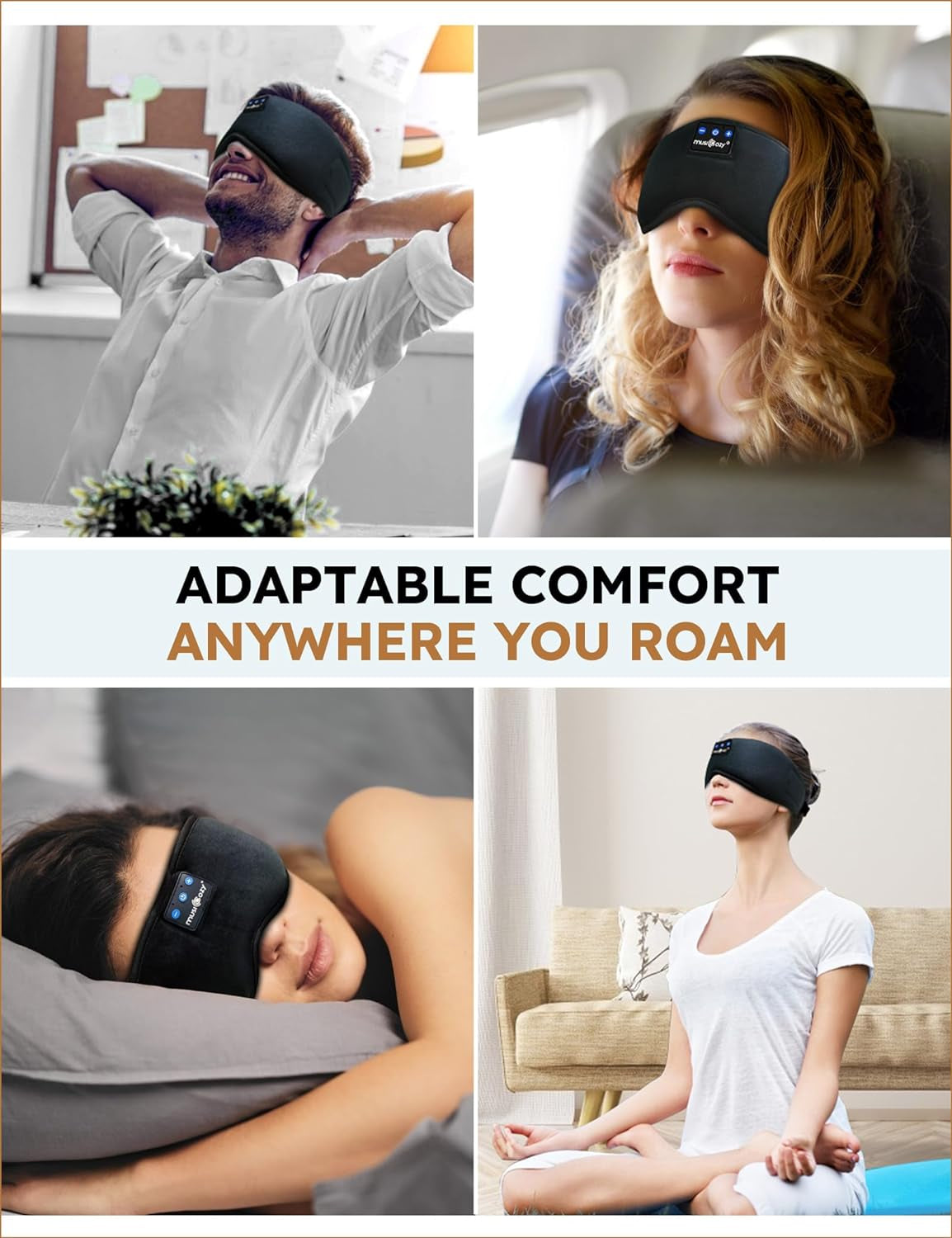 Sleep Headphones Bluetooth 5.4 Sleep Eye Mask with HD Speakers | Soft Cotton Fabric, Flat Design, 14 Hours Playtime, Washable Headband Style for Side Sleepers, Travel Meditation Relaxation