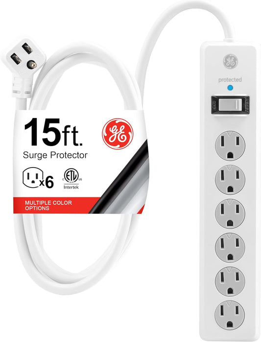 GE 15 Ft Surge Protector Power Strip with 6 Outlets, 800 Joules, Flat Plug, Twist-To-Close Safety Covers, ETL Listed, White, Model 50768