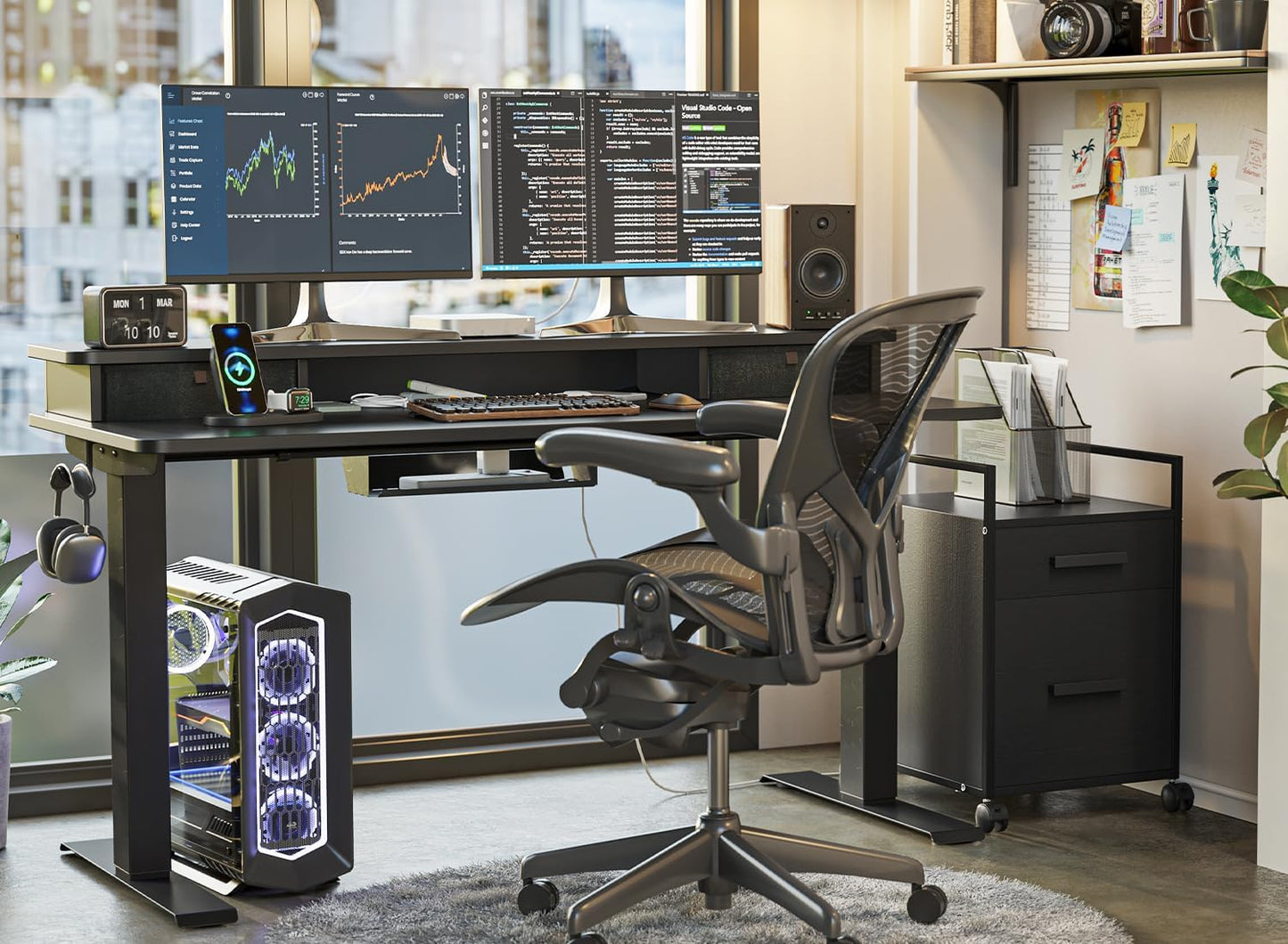 Height Adjustable Electric Standing Desk - 40" x 24" with Double Drawer, Home Office Computer Table, Black, featuring 4 Adjustable Feet & 2 Hooks