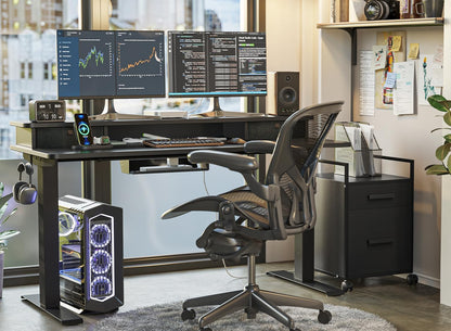 Height Adjustable Electric Standing Desk - 40" x 24" with Double Drawer, Home Office Computer Table, Black, featuring 4 Adjustable Feet & 2 Hooks
