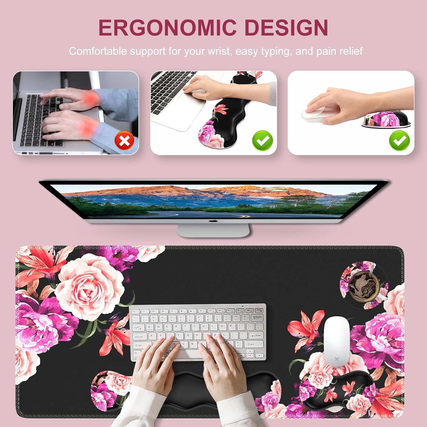 Mouse Pad Set, Peony Flower Desk Mat for Keyboard and Mouse | Mouse Pad and Keyboard Wrist Rest,Coaster, Desk Mat Set with Stitched Edge & Non-Slip Base, Desk Pad Mat for Work Gaming
