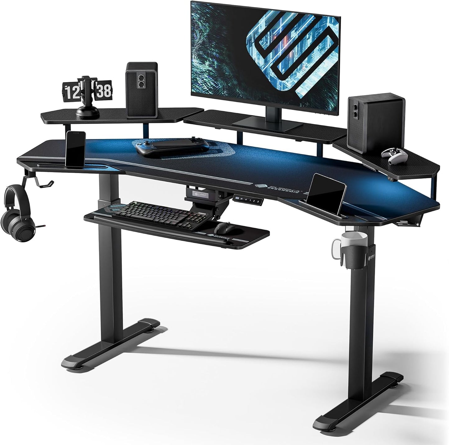 Gaming Standing Desk LED Shelves 72 Inch Black | Dual Motor Height Adjustment with Keyboard Tray, Wing-Shaped Desktop and Cable Management Slot for Studio Setups