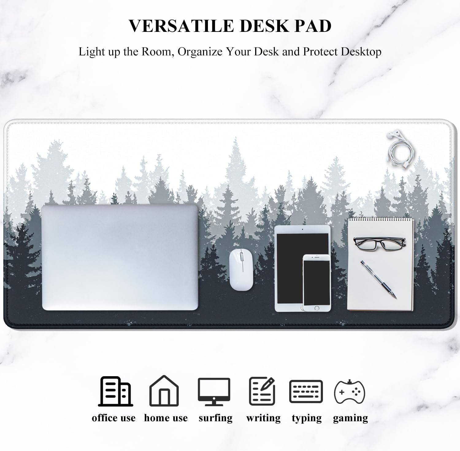 Oversized Forest Desk Mouse Pad - 35.4 x 15.7 Inch Extended Gaming Mat with Non-Slip Rubber Base and Stitched Edges, XXL Ultra Thin Full Desk Pad for PC and Laptop Use