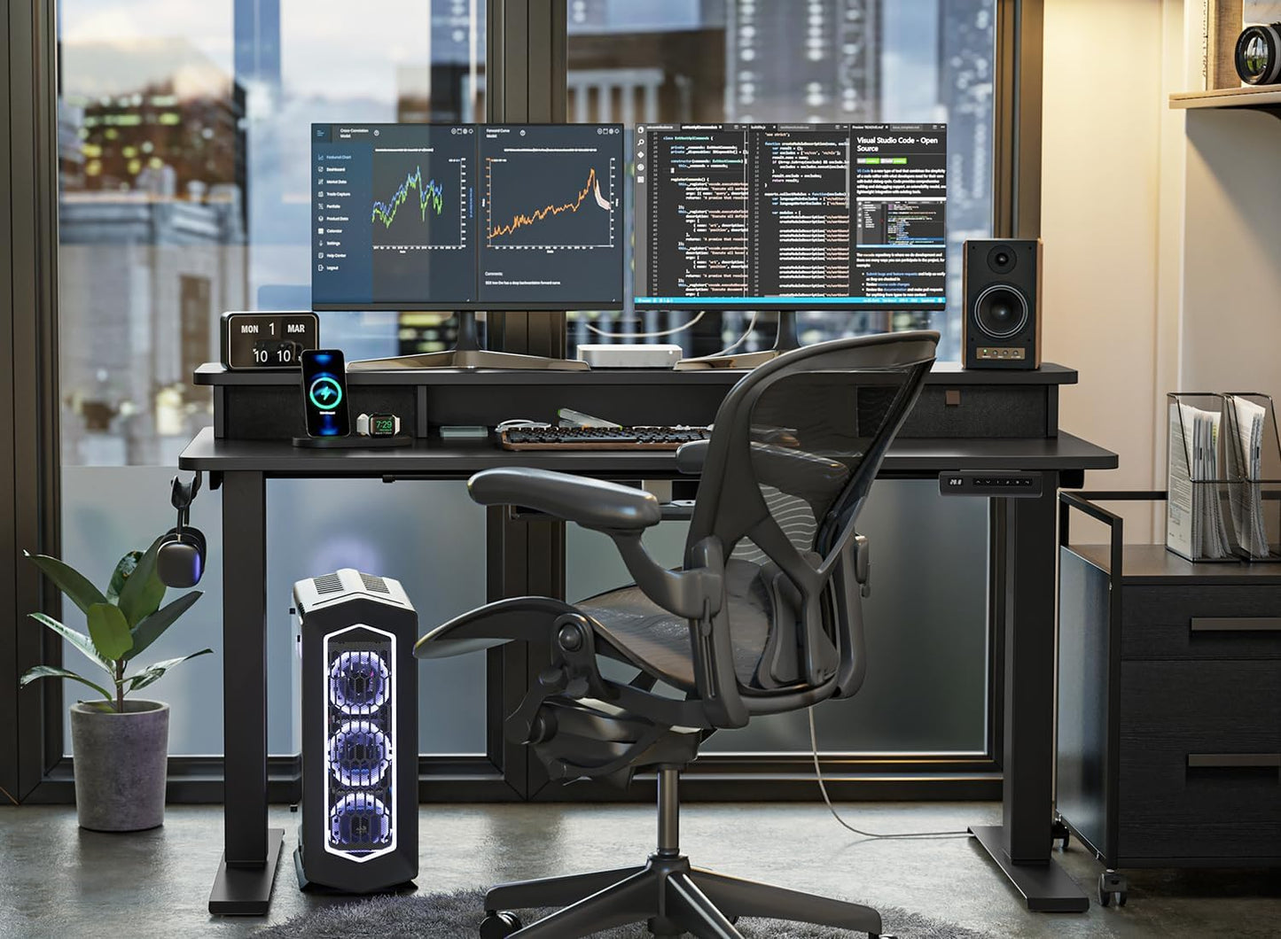 Height Adjustable Electric Standing Desk - 40" x 24" with Double Drawer, Home Office Computer Table, Black, featuring 4 Adjustable Feet & 2 Hooks