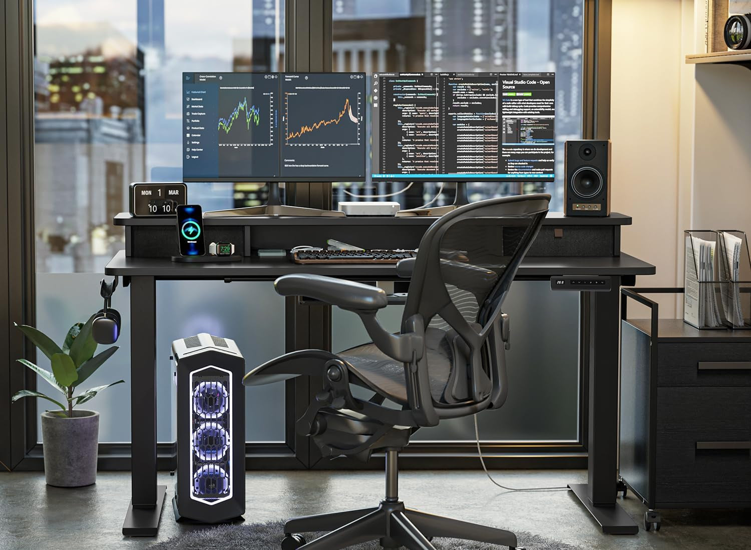 Height Adjustable Electric Standing Desk - 40" x 24" with Double Drawer, Home Office Computer Table, Black, featuring 4 Adjustable Feet & 2 Hooks