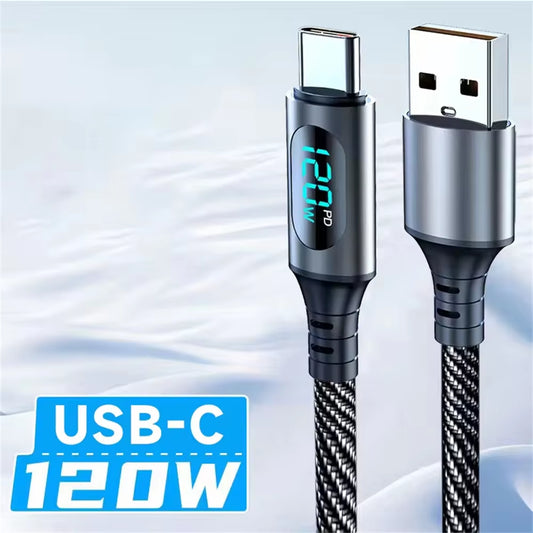 6A USB-A to Type C Super Fast Charging Cable 120W Nylon Data Cord with LED Digital Display for Huawei, POCO, and Samsung Devices