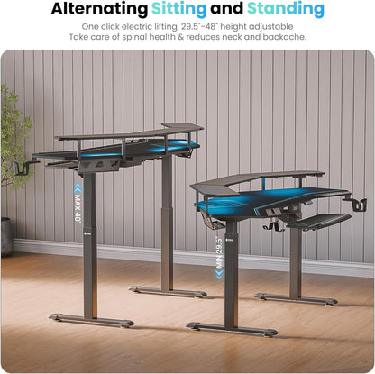Gaming Standing Desk LED Shelves 72 Inch Black | Dual Motor Height Adjustment with Keyboard Tray, Wing-Shaped Desktop and Cable Management Slot for Studio Setups