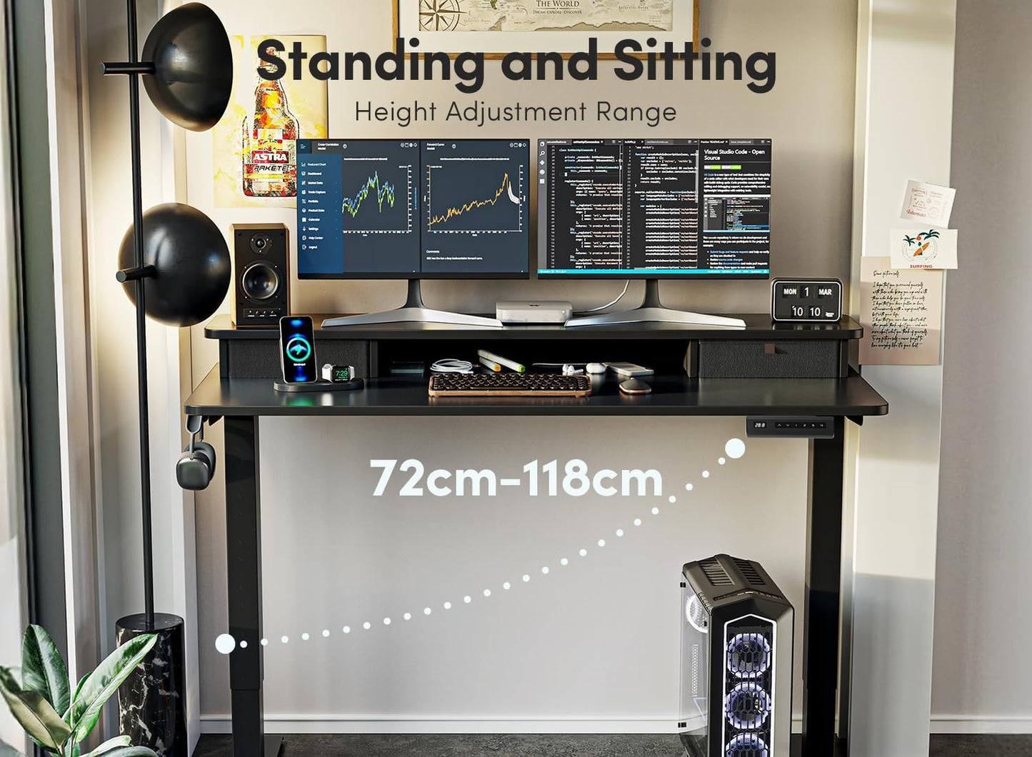 Height Adjustable Electric Standing Desk - 40" x 24" with Double Drawer, Home Office Computer Table, Black, featuring 4 Adjustable Feet & 2 Hooks