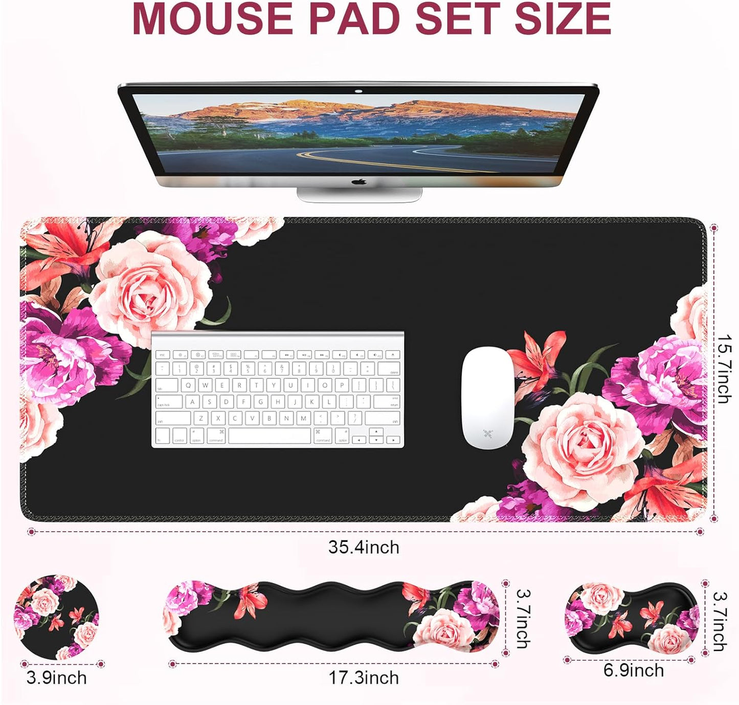 Mouse Pad Set, Peony Flower Desk Mat for Keyboard and Mouse | Mouse Pad and Keyboard Wrist Rest,Coaster, Desk Mat Set with Stitched Edge & Non-Slip Base, Desk Pad Mat for Work Gaming