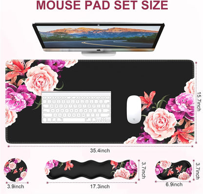 Mouse Pad Set, Peony Flower Desk Mat for Keyboard and Mouse | Mouse Pad and Keyboard Wrist Rest,Coaster, Desk Mat Set with Stitched Edge & Non-Slip Base, Desk Pad Mat for Work Gaming