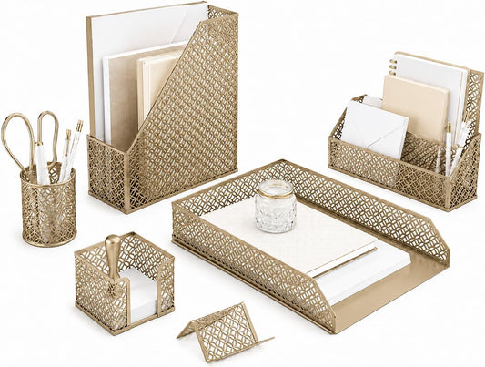 Gold Desk Organizer Set: Includes Mail Sorter, Sticky Note Holder, Pen Cup, Magazine Holder, Letter Tray, and Business Card Holder - Elegant Desk Accessories for Women and Home Office Decor