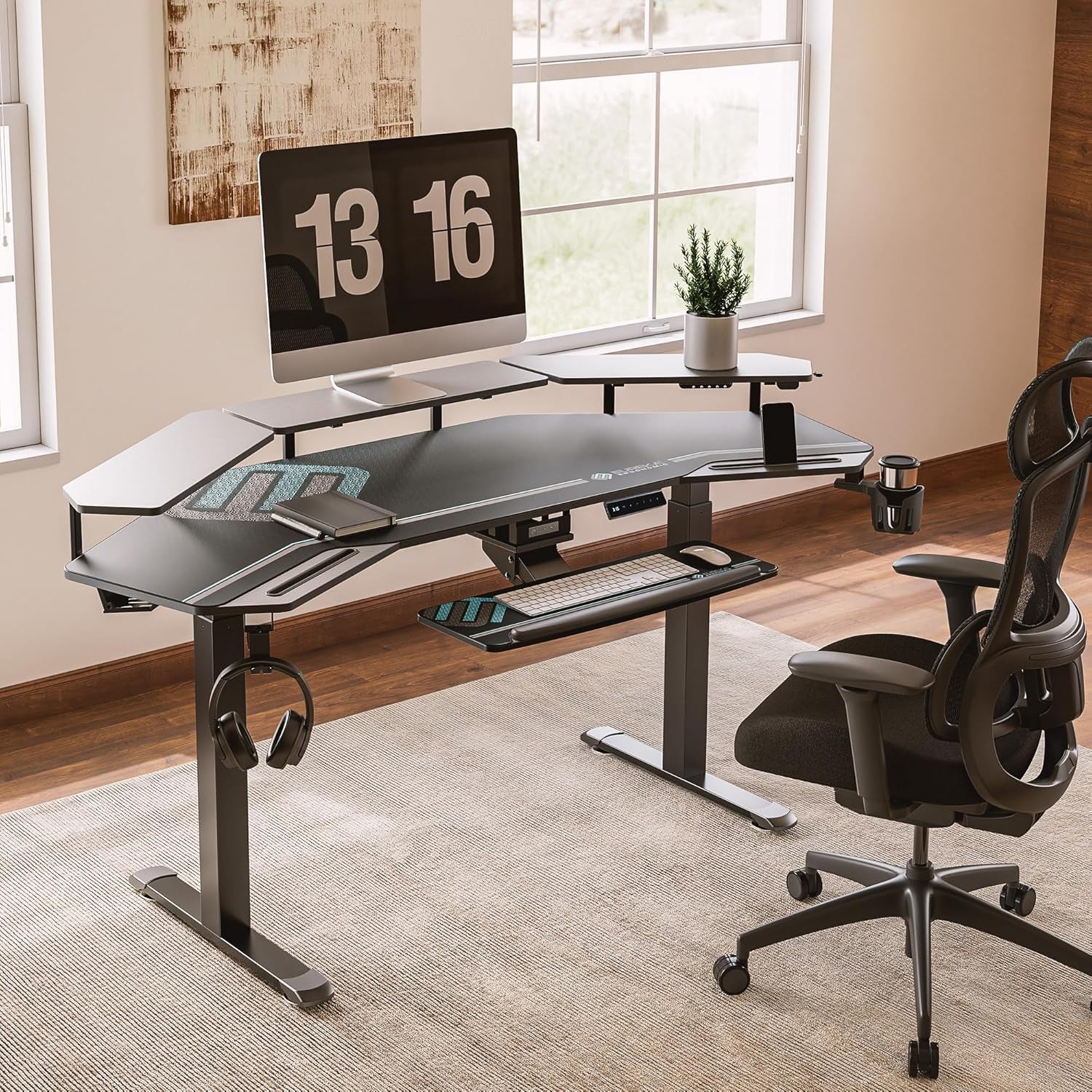 Gaming Standing Desk LED Shelves 72 Inch Black | Dual Motor Height Adjustment with Keyboard Tray, Wing-Shaped Desktop and Cable Management Slot for Studio Setups