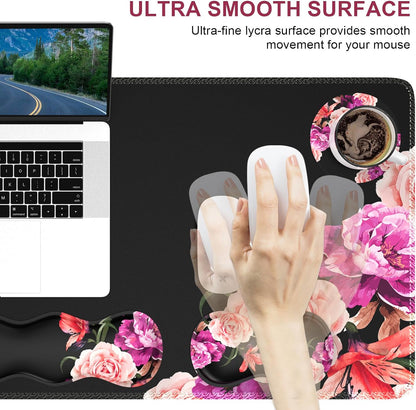 Mouse Pad Set, Peony Flower Desk Mat for Keyboard and Mouse | Mouse Pad and Keyboard Wrist Rest,Coaster, Desk Mat Set with Stitched Edge & Non-Slip Base, Desk Pad Mat for Work Gaming