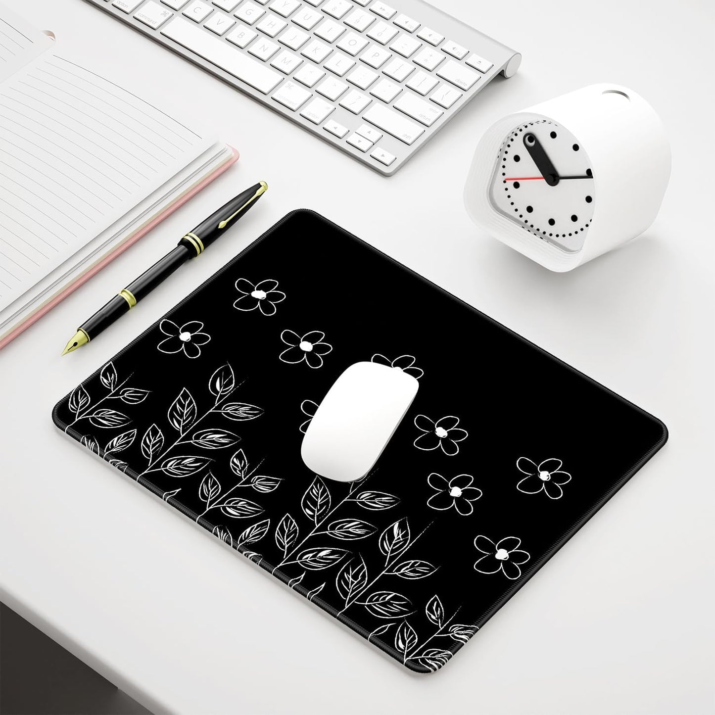 Mouse Pad, 12 X 10 in Flower Theme Computer Mouse Pad for Desk, Premium-Textured Non-Slip Rubber Stitched Edges Waterproof Square Mouse Mat for Gaming Work Wireless Mice, Black