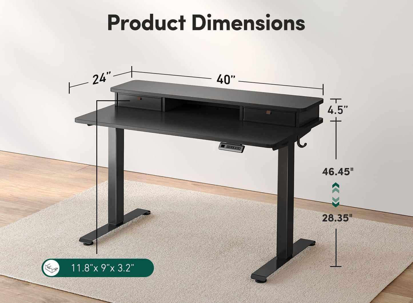 Height Adjustable Electric Standing Desk - 40" x 24" with Double Drawer, Home Office Computer Table, Black, featuring 4 Adjustable Feet & 2 Hooks