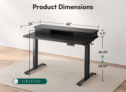 Height Adjustable Electric Standing Desk - 40" x 24" with Double Drawer, Home Office Computer Table, Black, featuring 4 Adjustable Feet & 2 Hooks