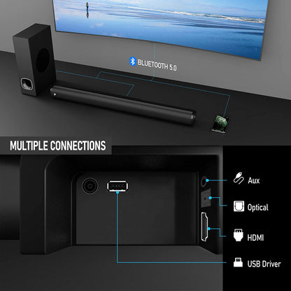 2.1 Channel Soundbar with Subwoofer and 3D Surround Sound, Compatible with 4K and HD TVs, HDMI (ARC), Optical, Aux, USB Drive, and Bluetooth 5.0 (Model: P28, 160W)