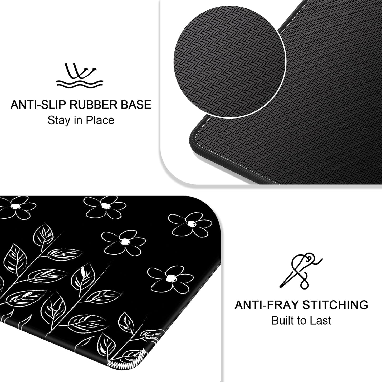 Mouse Pad, 12 X 10 in Flower Theme Computer Mouse Pad for Desk, Premium-Textured Non-Slip Rubber Stitched Edges Waterproof Square Mouse Mat for Gaming Work Wireless Mice, Black