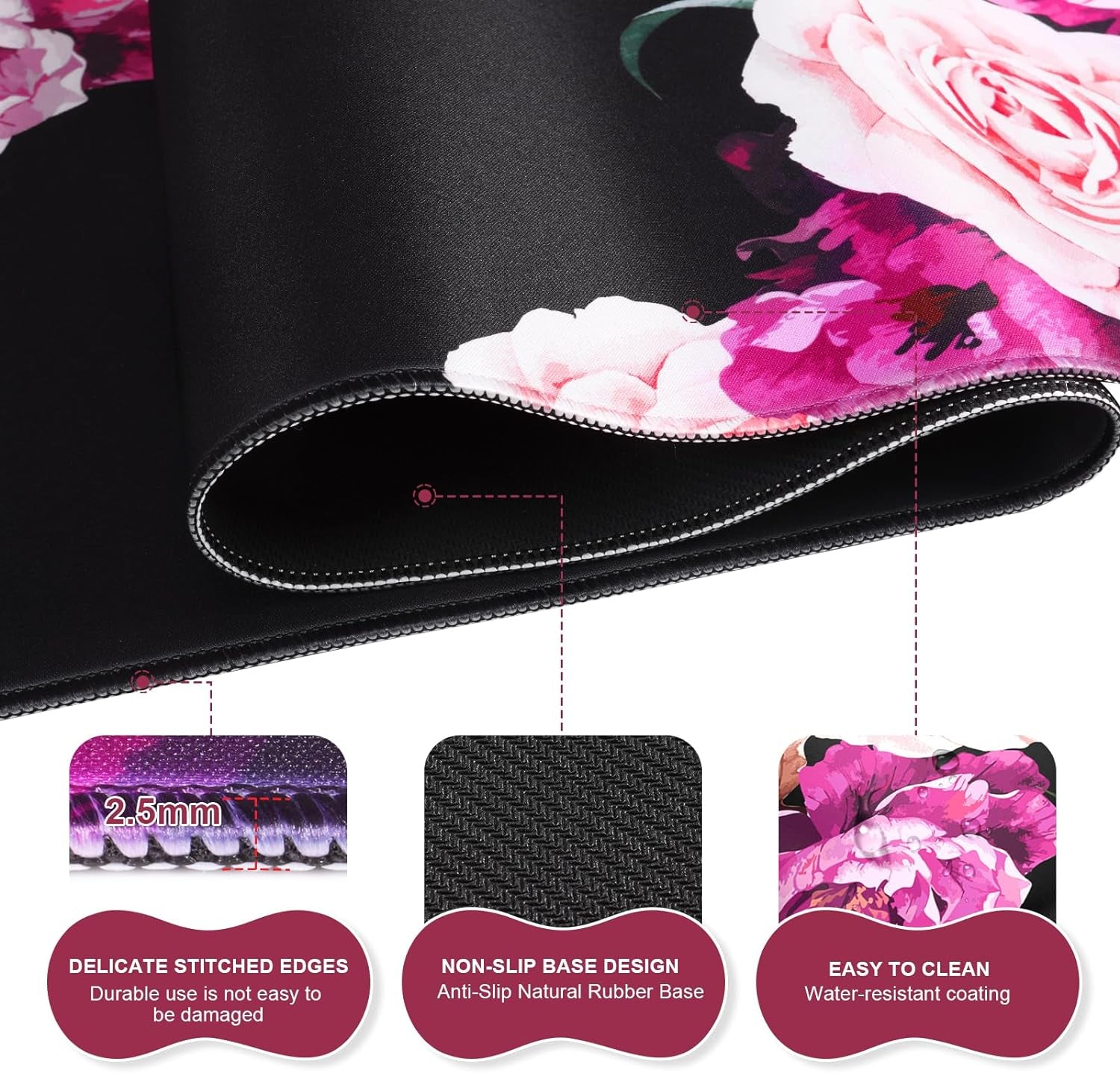 Mouse Pad Set, Peony Flower Desk Mat for Keyboard and Mouse | Mouse Pad and Keyboard Wrist Rest,Coaster, Desk Mat Set with Stitched Edge & Non-Slip Base, Desk Pad Mat for Work Gaming