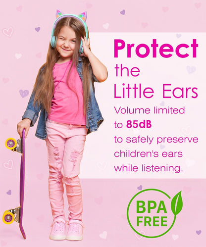 Kids Headphones with LED Cat Ears (85Db Safe Volume Limit), 3.5Mm Soft On-Ear Wired Headphones with Tangle-Free Laced Cables for Ipad/Tablet/School/Travel - Teal/Light Purple |  Wired 0.3 Cm Kids Headphones with LED Cat Ears - Green