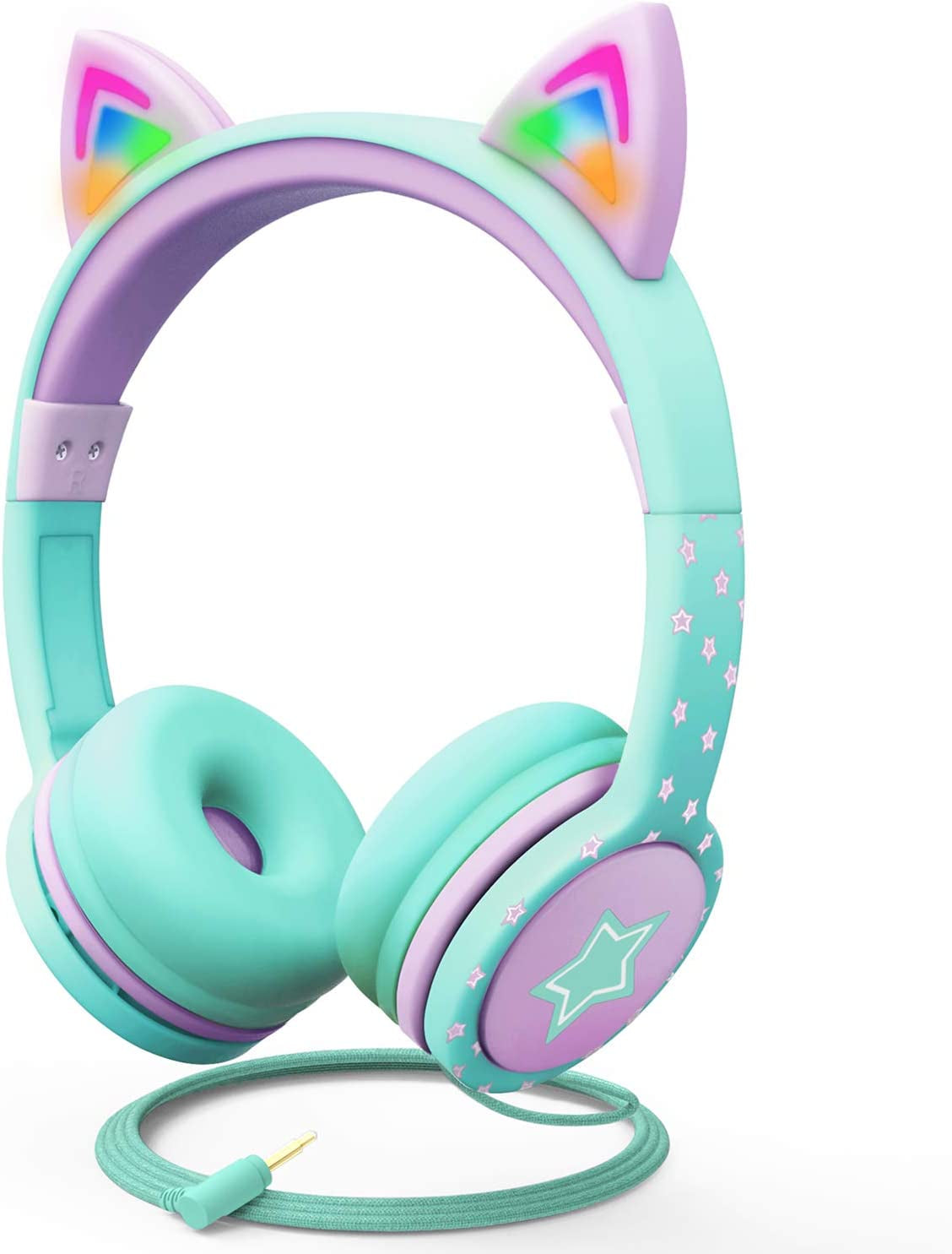Kids Headphones with LED Cat Ears (85Db Safe Volume Limit), 3.5Mm Soft On-Ear Wired Headphones with Tangle-Free Laced Cables for Ipad/Tablet/School/Travel - Teal/Light Purple |  Wired 0.3 Cm Kids Headphones with LED Cat Ears - Green