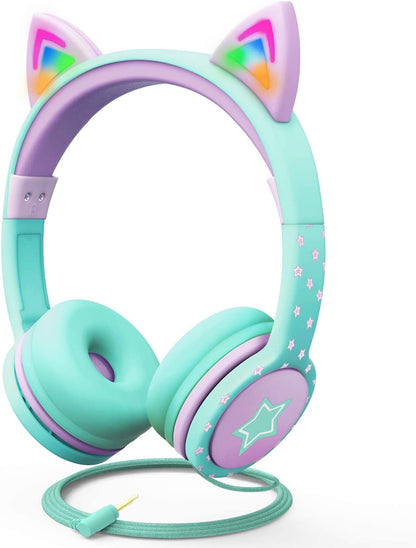 Kids Headphones with LED Cat Ears (85Db Safe Volume Limit), 3.5Mm Soft On-Ear Wired Headphones with Tangle-Free Laced Cables for Ipad/Tablet/School/Travel - Teal/Light Purple |  Wired 0.3 Cm Kids Headphones with LED Cat Ears - Green