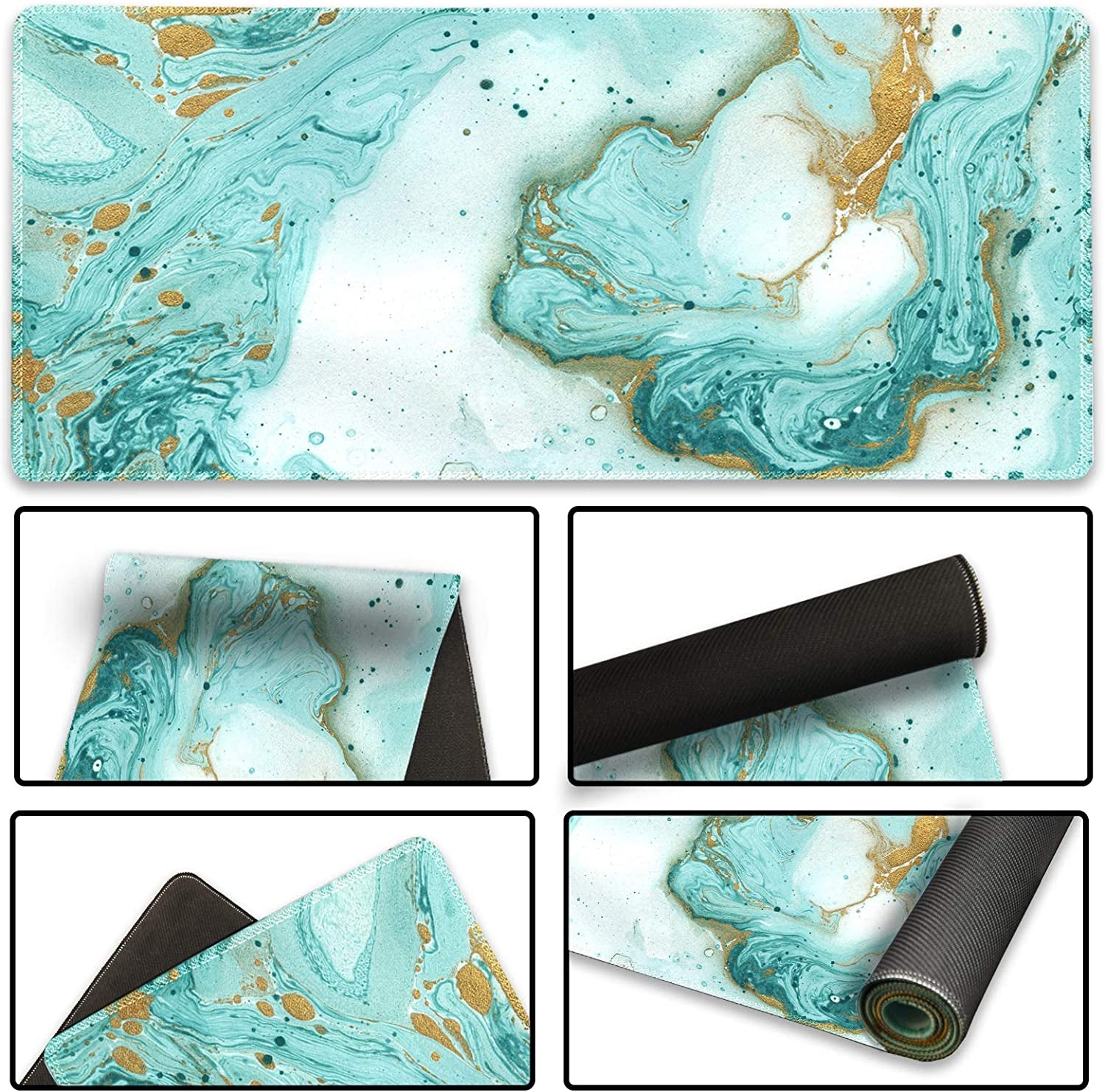 XXL Extended Gaming Mouse Pad - Large Non-Slip Rubber Base Keyboard Mat with Stitched Edges for Work and Gaming, 35.1 x 15.7 inches, Teal Turquoise Marble Design