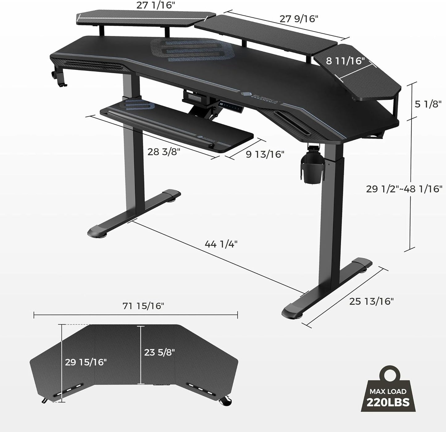 Gaming Standing Desk LED Shelves 72 Inch Black | Dual Motor Height Adjustment with Keyboard Tray, Wing-Shaped Desktop and Cable Management Slot for Studio Setups