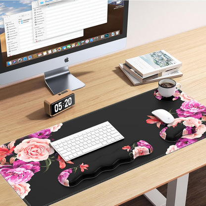Mouse Pad Set, Peony Flower Desk Mat for Keyboard and Mouse | Mouse Pad and Keyboard Wrist Rest,Coaster, Desk Mat Set with Stitched Edge & Non-Slip Base, Desk Pad Mat for Work Gaming